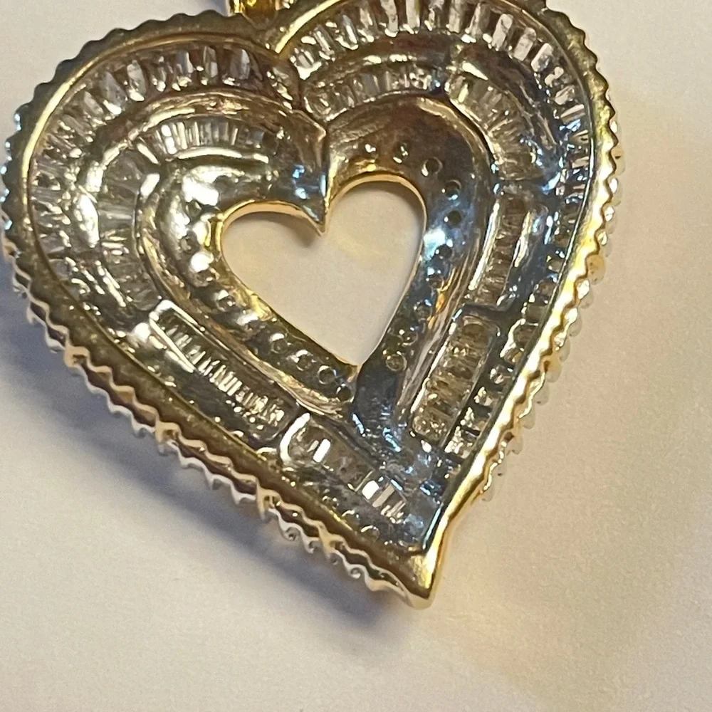 Natural Diamond Heart Pendant in Sterling Silver Setting Gold Brilliant Baguette - Picture 6 of 6